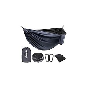 OVERMONT Hamac Jardin Exterieur Voyage Ultra-léger Double Couche Durable en Parachute Nylon Max Payload 400KG|270x140cm |2 Mousquetons|2 Sangles|Hamac de Camping Randonnée Trekking (Noir)