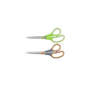 Amazon Basics Ciseaux de bureau multifonctions en acier inoxydable avec revêtement PVD, prise en main confortable, Argent-vert, Argent-gris-orange, 2 pièces