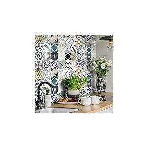 Stickers muraux Cuisine - Sticker Mural - Carreaux de Ciment adhésif Mural - Stickers Muraux azulejos - Sticker Carrelage adhesif Mural Salle de Bain 10 x 10 cm - 24 pièces Carreau de Ciment adhesif