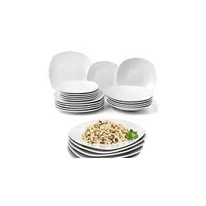 Shally Dogan Service de vaisselle de service 18 pi&egrave;ces en porcelaine de table pour 6 personnes, lot compos&eacute; de 6 assiettes plates, 6 fonds, 6 g&acirc;teaux et fruits, design moderne lisse (blanc carr&eacute;)
