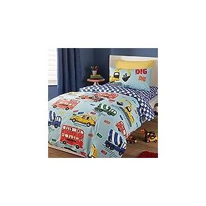Bedlam - Housse de Couette Voiture & Bus - 200 x 200 cm - 2 Taies d'oreiller - Motifs Réversibles - Housse de Couette à Carreaux Bleus avec Transports - Literie Camions pour Garçon