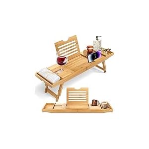 SereneLife Combo Plateau Baignoire/Petit-Déjeuner - Plateau Salle de Bain en Bois de Bambou Naturel Imperméable pour Baignoire et Lit avec Bras Pliables Coulissants - Planche de Bain