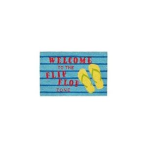 Relaxdays Paillasson fibres de coco tapis de sol WELCOME TO THE FLIP FLOP ZONE 60x40 dessous caoutchouc antidérapant entrée terrasse jardin balcon, bleu