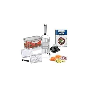 Genius Nicer Dicer Speed Set de 9 râpes multifonctions – Coupe-légumes avec 3 inserts, porte-aliments et bac de récupération 550 ml | Râpe à parmesan, râpe à julienne et râpe en V
