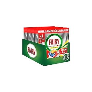 Fairy Platinum Plus Tablettes Lave-Vaisselle Tout En 1 Citron, Pack Familial 125 Capsules (5x25), Technologie Anti-terne, Redonne l'Éclat d'Origine, Efficace en Cycles Courts, Prévient Le Calcaire