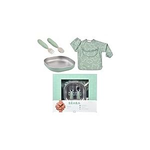 B&Eacute;ABA Coffret Repas B&eacute;b&eacute; &ndash; Cadeau Naissance Complet D&egrave;s 4 Mois &ndash; Assiette Inox Micro-Ondes, Pr&eacute;-Couverts Ergonomiques, Bavoir &agrave; Manches, Bo&icirc;te Souvenir &ndash; Mat&eacute;riaux Sains et Durables, Vert Sauge