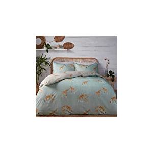 Fusion - Housse de Couette Girafe Bleu Canard - 200 x 200 cm - 2 taies d'oreiller - Design réversible - Literie Animaux du Zoo - Literie Gris et Bleu avec girafes - Cadeaux girafes