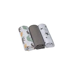 GRÜNSPECHT Lot de 3 couches en gaze 70 x 70 cm en 100% coton, sans azurant optique, doux pour la peau et absorbant, gris, étoiles, éléphants (1500-V5)