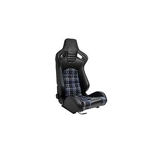 AUTO-STYLE Siège baquet 'GT' - Simili Cuir Noir + Tissu en motif à carreaux Bleu + Surpiqûres Bleu - Dossier réglable - incl. glissières
