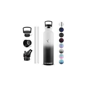 Vikaster Bouteille d'eau - Thermos 1l, Gourde Avec Paille, Gourdes Sans BPA, Gourde Enfant & Adulte pour Sport, école, Bureau, Gym, Voyage, Blanc - Noir