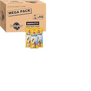 PEDIGREE DENTASTIX 112 Bâtonnets à Mâcher Pour Grand Chiens 25kg+, 16 Sachets de 7, Saveur Poulet et Bœuf, Détartrage Dentaire Chien, Soins Dentaires Pour Chien