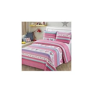 Parure de lit 3 pièces pour Enfant et Adolescent Motif cœurs Rose/Violet/Lavande/Blanc