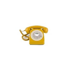 GPO 746 Téléphone fixe rétro de style années 1970 à cadran rotatif - Cordon extansible, sonnerie authentique - Moutarde