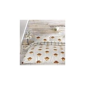 Fusion - Housse de Couette Highland Cow - 140 x 200 cm - 1 taie d'oreiller - R&eacute;versible - Parure de lit Tartan cr&egrave;me Naturelle/Housse de Couette en Flanelle - Literie Vache de Ferme - Cadeaux Vache