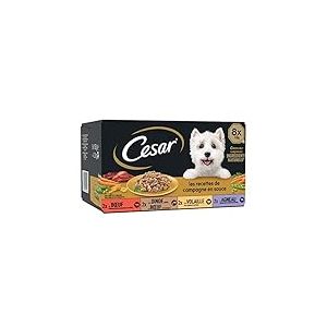 CESAR Repas pour Chien - 24 Barquettes (Lot de 3 Packs 8x150g) - Pâtée pour Chien en Sauce - Boeuf / Poulet / Agneau / Dinde - Nourriture Complète & Equilibrée avec des Ingrédients Naturels