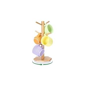 Euqvunn Porte-tasses pivotant à 360°, Support Tasse à Café en bois pour plans de travail, Support Tasse à base pétale épaissie, Arbre à tasse pour bar à café, Mug Tree avec 6 crochets-Noir-Bois