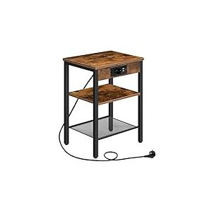 HOOBRO Table d’Appoint avec Station de Charge et Ports USB, Table de Chevet à 3 Niveaux avec Étagères Réglables, Table d’Appoint Étroite pour Petit Espace dans Le Salon, Marron Rustique EBF112CBZ01