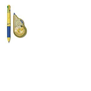 Osama - Correcteur Blanc à Ruban, 20 M + Stylo 4 Couleur Bille, Pointe Fine 1 mm - Kit pour Papeterie Bureau et Fourniture Scolaire - Set Effaceur et Stylo Couleur pour Écrire sans Erreur, Jaune/Bleu