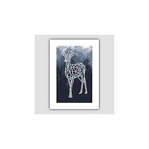 Artze Wall Art Impression d'art g&eacute;om&eacute;trique, motif biche de cerf avec feuilles de palmier, format A3, bleu marine