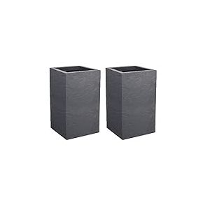 EDA - Pot Carré Haut Volcania'Up 36 L - Décor Imitation Pierre - Simple Paroi - Zone de Rétention d'eau - 29,5 x 29,5 x 49,5 cm - Gris Galet (Lot de 2)