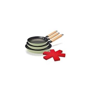 Qdesign Lot de 3 Poêles ultra légère en fonte structure nid d'abeille, manche en bois + 3 protège-poêles, extra anti-adhésif anti-rayures sans PFOA - tous feux dont induction - Vert, Ø 20/24/28 cm