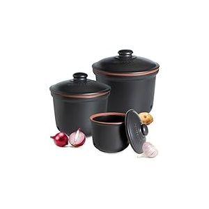 R&ouml;mertopf Lot de 3 pots fra&icirc;cheur en c&eacute;ramique pour ail, oignons et pommes de terre - Argile respirante pour garder les l&eacute;gumes frais plus longtemps - Noir