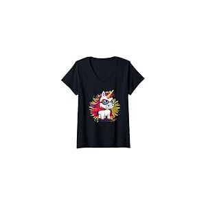Femme Costume de licorne avec cape de super-h&eacute;ros T-Shirt avec Col en V