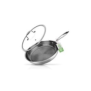 Nutrichef Poêle en Acier Inoxydable 12" – Poêle Wok de Cuisine Triply avec Revêtement Antiadhésif DAKIN, Structure en Nid d'Abeilles Résistante aux Rayures avec Texture de Feu