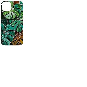 Coque de téléphone Motif Feuilles de Monstera Style vitrail Art déco Vert Coque pour iPhone 14 Plus