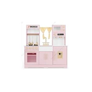 FANTASK Cuisine pour Enfant en Bois avec lumière, Son, évier, Robinet, cuisinière, Distributeur d'eau et Micro-Ondes, pour Enfants à partir de 3 Ans, Rose