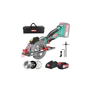 HYCHIKA Scie Circulaire Sans Fil 18V, 4.0Ah Li-ion Batterie 3500RPM Petite Scie Circulaire, 3 Lames(115 et 125mm), Guide Laser, Max Profondeur de Coupe 48mm(90°), 32mm(45°) pour Couper du Bois Métal
