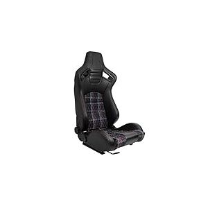 AUTO-STYLE Siège baquet 'GT' - Simili Cuir Noir + Tissu en motif à carreaux Rouge + Surpiqûres Rouge - Dossier réglable - incl. glissières