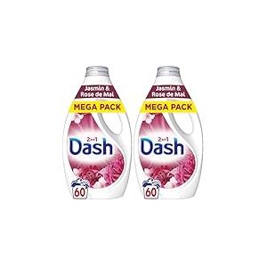 Dash 2en1 Lessive Liquide Jasmin et Rose de Mai, 60 Lavages, 3 Semaines de Fraîcheur, Avec Lenor, Notes Florales et Baies Rouges, Nettoyage en Profondeur, Fabriquée en France (Lot de 2)