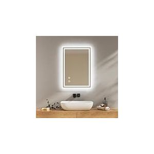 EMKE Miroir Salle de Bain avec Éclairage 50x70 cm, Anti-Buée, Interrupteur Tactile, Miroir Salle de Bain Blanc Froid Dimmable, Fonction Mémoire, Arrêt Automatique après 3 Heures, Miroir LED