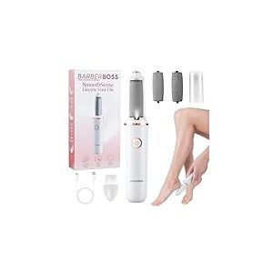 BarberBoss R&acirc;pe &eacute;lectrique pour les pieds, kit de p&eacute;dicure rechargeable, t&ecirc;tes de rouleau fines et &eacute;paisses, chargement USB, capuchon de protection, portable de callosit&eacute;s des pieds, QR-5101