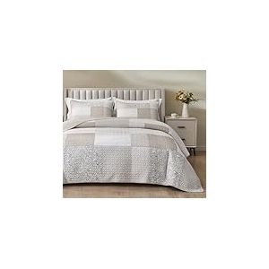 Chezmoi Collection Quinn Parure de Couette 3 pièces à Motif Patchwork rayé, Fleur Hibiscus, Neutre, Gris, Taupe, Blanc, avec Couvre-lit réversible, légère, en Coton pré-lavé, pour lit King Size