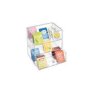 mDesign boite de rangement cuisine en plastique avec 3 tiroirs – casier de rangement pour sachets de thé, tisane, infusion, dosette de café, sucre et plus – boite à thé – transparent