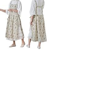 TALIBSA Pinafore Robe tablier japonaise en coton et lin avec poches et attaches &agrave; la taille, motif floral blanc