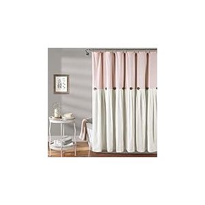 Lush Decor Rideau de Douche &agrave; Boutons en Lin, m&eacute;lange de Coton, Rose poudr&eacute; et Blanc, 182,9 cm de Large x 182,9 cm de Long (Lot de 1)