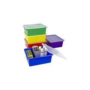 Storex Lot de 5 plateaux de rangement profonds format lettre &ndash; Bac de rangement avec couvercle anti-claquement pour salle de classe, bureau et maison, couleurs assorties, 62542A05C