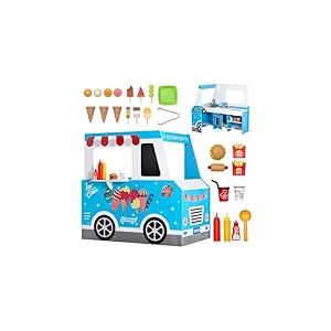 VEVOR Chariot à Glaces pour Enfants, 20+ Accessoires, Jeu d'Imitation de Stand Glacier Bois, avec Volant, Tableau Noir, Scanner de Paiement, Congélateur, Robinet, Évier, pour Tout-Petits de 3-7 Ans