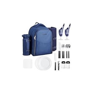 VEVOR Sac à Dos Isotherme pour 2 Personnes, Sac à Dos de Pique-nique avec Compartiment Isotherme, Porte-bouteille Amovible, Couverture Légère, Kit Assiettes et Couverts, Randonnée Camping, Bleu Marine