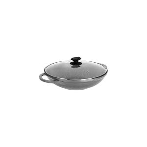 Sitram 714225 Wok Fonte Aluminium Intérieur effet Pierre Ø 32cm H8 cm - Revêtement anti-adhésif 2 couches sans PFOA, Couvercle Vapeur Verre, Poignées Fonte d'Aluminium - Tous feux dont induction