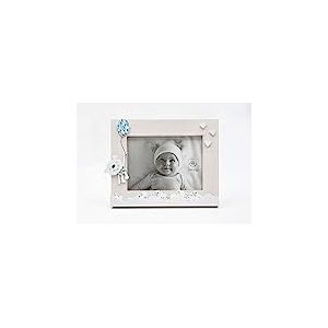Cadre photo en bois blanchi avec décorations nounours et ballon azur – Taille photo 13x18 cm