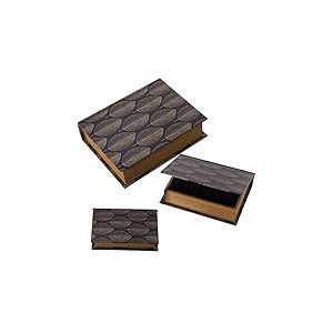 DRW Lot de 3 caisses livre en bois MDF et toile polyester d&eacute;cor&eacute;es avec feuilles 30 x 24 x 8 cm, 24 x 18 x 6 cm et 18 x 12 x 4 cm