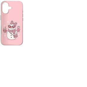 Bonhomme de Neige Rose l&eacute;opard avec caf&eacute; glac&eacute; et Bonbons de No&euml;l Coque pour iPhone 17