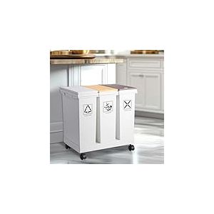 Poubelle de cuisine à 3 compartiments de 20 l x 3 compartiments avec roulettes, poubelle de 60 l et poubelle de recyclage avec couvercle, couvercle amovible et ouvert par pression, poubelle de cuisine