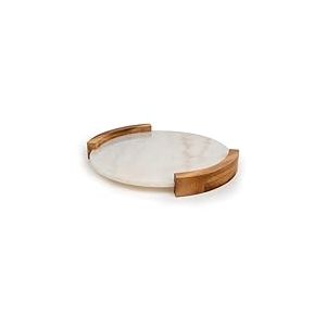Bredemeijer Grand Plateau de Service Rond de 35 cm de diamètre - Plateau en marbre avec 2 poignées latérales en Bois - Idéal pour Servir des Boissons et des collations