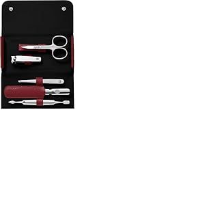 ZWILLING Manucure kit (5 pi&egrave;ces, set de p&eacute;dicure en taille de voyage, avec coupe-ongles, &eacute;tui en cuir v&eacute;ritable), Acier inoxydable poli, Rouge