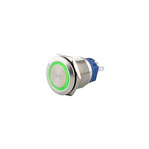 SeKi Bouton poussoir en acier inoxydable - Diam&egrave;tre : 19 mm - Forme de t&ecirc;te plate - Anneau LED color&eacute; &eacute;clair&eacute; - &OElig;illets &agrave; souder verts - Connecteur 0,5 x 2,8 mm - Bouton de sonnette